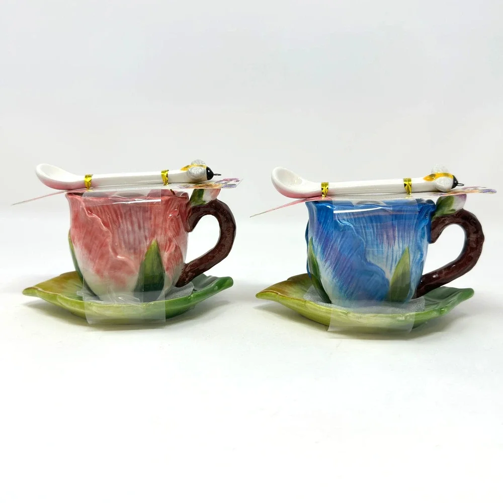 Set of 2 CornerRuby Garden Collection Teacups + Saucer Spoon Blue Red New *Read
